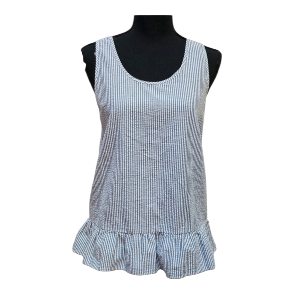 Charming Charlie Blue & White Stripped Ruffle Hem Top with Bow Accent Back Sz S